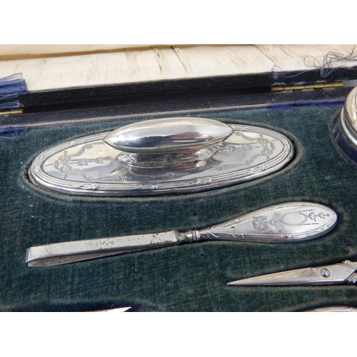 24Q - Antique Silver Mounted Ten Piece Manicure Set Comprising Rouge Pots, Buffer, Scissors etc in Origina... 