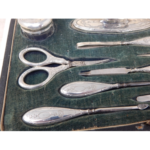24Q - Antique Silver Mounted Ten Piece Manicure Set Comprising Rouge Pots, Buffer, Scissors etc in Origina... 