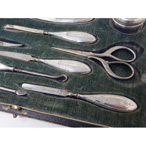 24Q - Antique Silver Mounted Ten Piece Manicure Set Comprising Rouge Pots, Buffer, Scissors etc in Origina... 