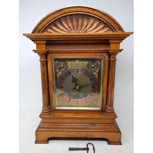 Large Edwardian Mantel Clock with Silvered Dial & Subsidiary Dials in Mahogany Case with Column Supports & Bevelled Glass Door. Striking on the Hour. Complete with Pendulum & Key. Measures 48cm high