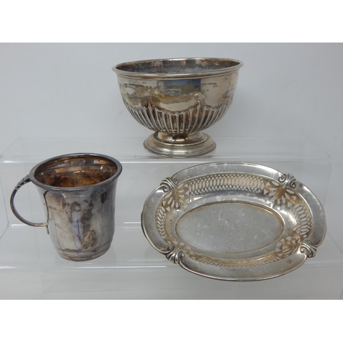 Group of Hallmarked English Silver to Include: Sugar Bowl: Bon Bon Dish & Christening Cup: Various Dates & Makers: Gross weight 244g