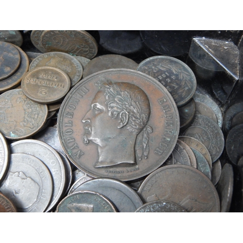 2 - Vintage steel tin containing an interesting collection of early Copper coinage to include: Louis XVI... 