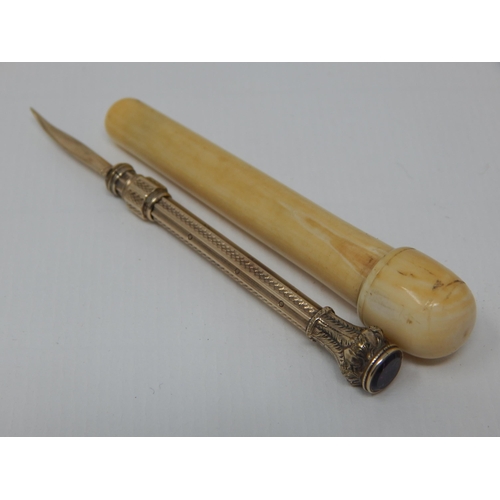 335 - C19th Ivory Screw Top Case Containing a Yellow Metal Propelling Toothpick with Amethyst Terminal. Me... 