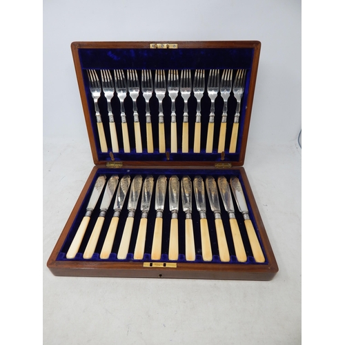 342 - Complete Edwardian Mahogany Canteen of Ivory Handled Fish Cutlery for 12 Place Settings with Silver ... 