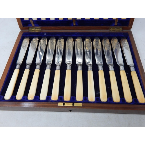 342 - Complete Edwardian Mahogany Canteen of Ivory Handled Fish Cutlery for 12 Place Settings with Silver ... 