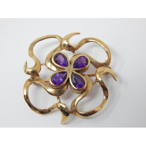 349 - 9ct Yellow Gold Brooch Set with Four tear Drop Amethysts: Gross weight 6.5g