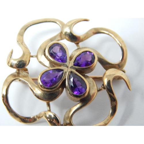 349 - 9ct Yellow Gold Brooch Set with Four tear Drop Amethysts: Gross weight 6.5g