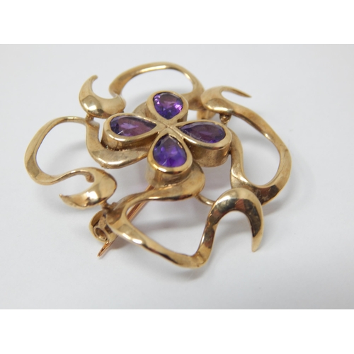 349 - 9ct Yellow Gold Brooch Set with Four tear Drop Amethysts: Gross weight 6.5g