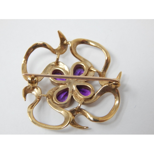 349 - 9ct Yellow Gold Brooch Set with Four tear Drop Amethysts: Gross weight 6.5g