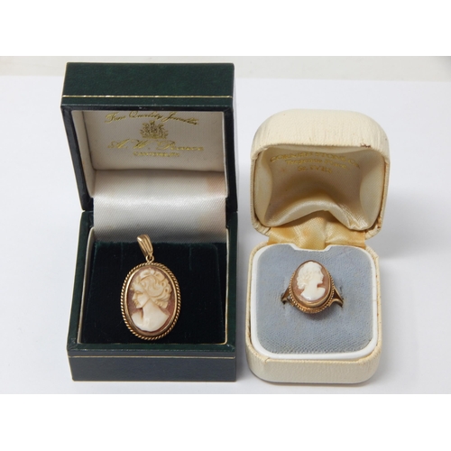 354 - 9ct Yellow Gold Cameo Pendant together with a 9ct Yellow Gold Cameo Ring: Size K/L