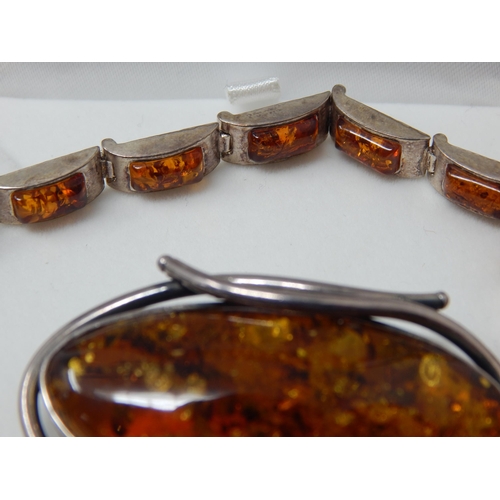 357 - Suite of Amber Set Jewellery Mounted in Silver: Comprising Bracelet, Brooch, Pendant & Earrings.