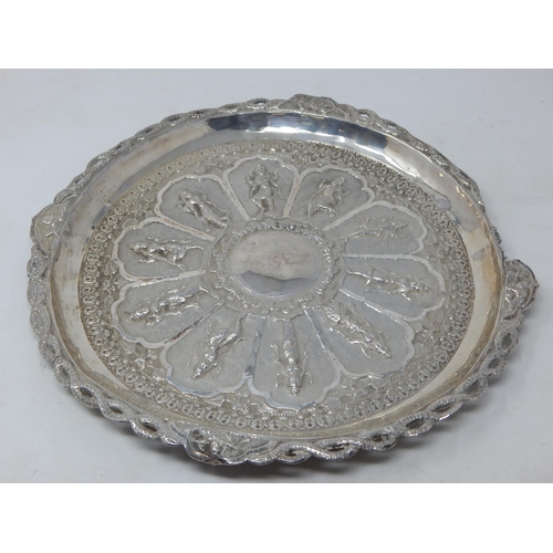 359 - Asian Silver Tray Embossed with Figures: Measuring 28cm diameter: Weight 310g A/F