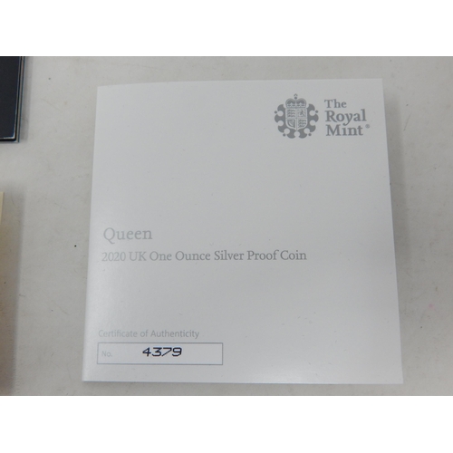 46 - Queen 2020 UK One Ounce Silver Proof Coin, about as struck in Royal Mint case of issue with COA