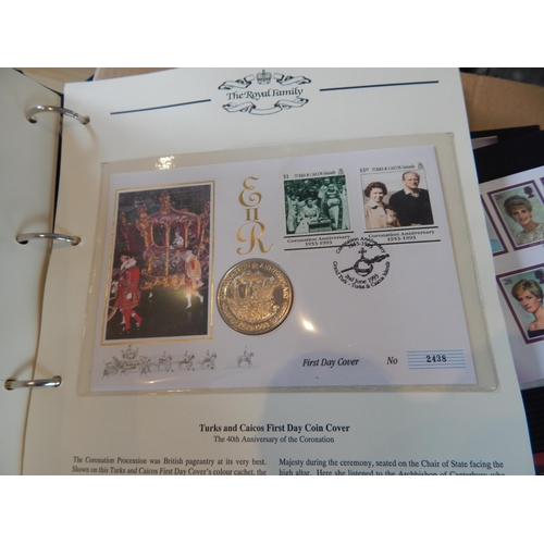 90 - The Royal Family Coin Covers and Stamp Sets in blue album twinned with a huge selection of other sta... 