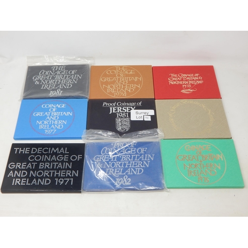 UK Proof Sets 1971, 1973, 1974, 1975, 1976, 1977, 1981, 1982, Jersey Proof Set 1981 all about as struck and housed in Royal Mint cases of issue with outer wrappers