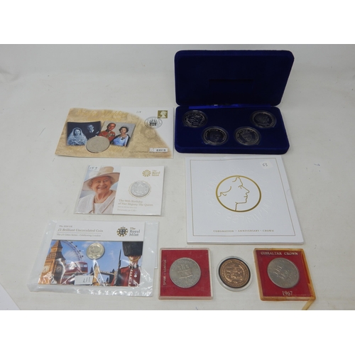 The £1 Cities Series - Celebrating London £1 coin; The 90th Birthday of Her Majesty The Queen 2016 UK £20 Fine Silver Coin both housed in Royal Mint packs; set of 4 1981 Royal Wedding Proof Crowns in blue case; Gibraltar Crowns 1967(2) in perspex cases; Coronation Anniversary Crown £5 piece 2003 in pack; 1997 Golden Wedding Anniversary Five Pound coin on philatelic cover; Isle of Man Nigel Mansell 1992 Golden Five Pounds; generally about as struck (lot)