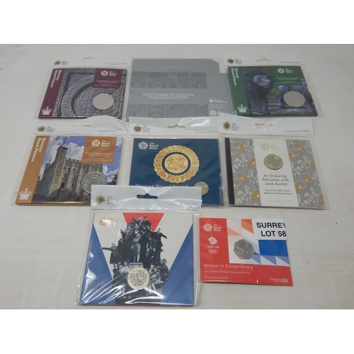 The Tower of London £5 coins with card folder (3); The Last Round Pound 2016 coin; An Enduring Romance with Jane Austen 2017 £2 coin; Peace in Sight £2 coin; Team GB 2016 50p coin; all Brilliant Uncirculated and housed in their original Royal Mint packs of issue (lot)