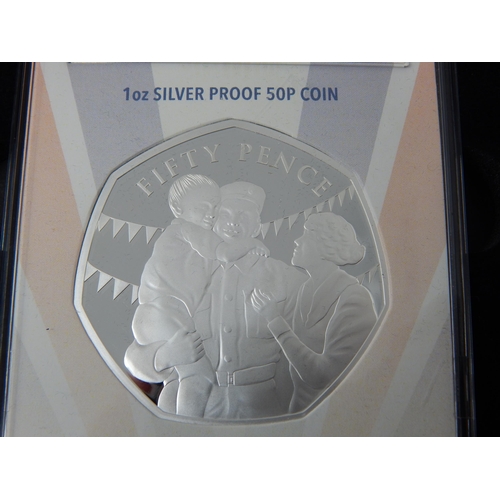 63 - The Supersized VE Day 1oz Silver Proof 50p coin, brilliant, about as struck and cased with COA