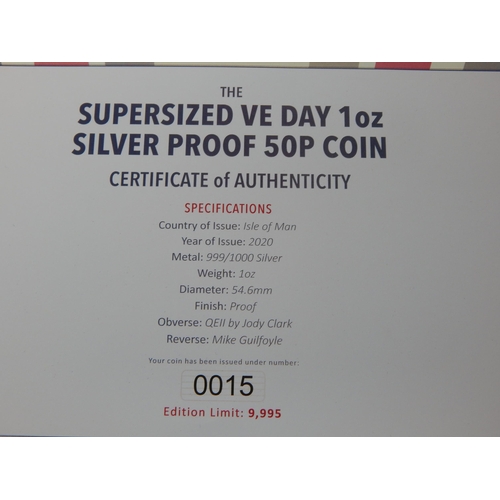 63 - The Supersized VE Day 1oz Silver Proof 50p coin, brilliant, about as struck and cased with COA