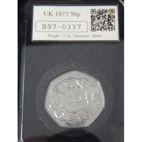 64 - UK 2020 Silver Britannia and 50p Brexit DateStamp coins both encapsulated and housed in case with CO... 