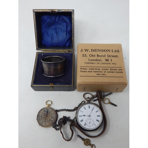 67 - Silver Pocket Watch in .935 Silver; 18ct Gold partial watch; Silver napkin ring in case