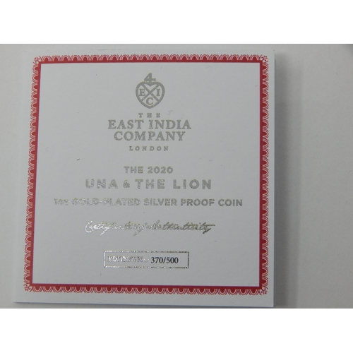 52 - The 2020 Una and the Lion Silver and Gold-Plated Proof Coin limited edition of only 500, practically... 