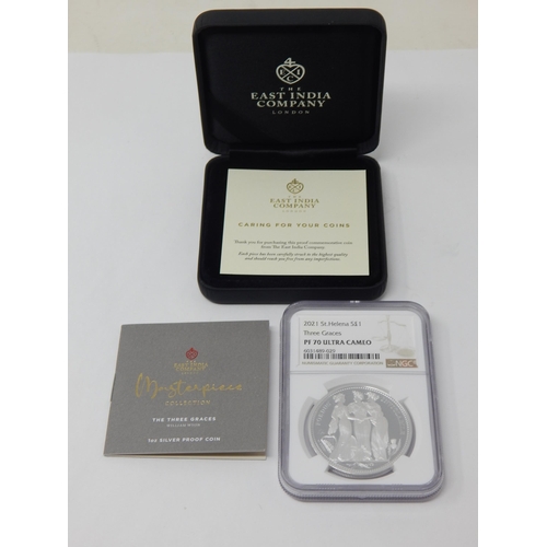53 - The Three Graces William Wyon 1oz Silver Proof Crown struck in .999 Silver graded highest grade Proo... 