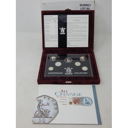 80 - 25th Anniversary of Decimal Coinage Silver Proof Set 1996, light toning, otherwise practically as st... 