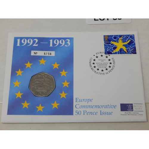 83 - Rare 1992-1993 Europe Commemorative 50 Pence coin on cover, brilliant, about as struck