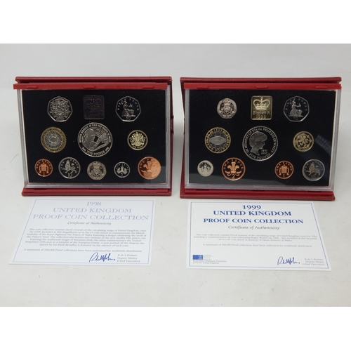 86 - UK 1998 and 1999 Proof Sets both brilliant, about as struck and housed in red de-luxe cases of issue