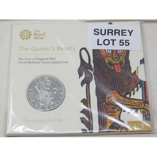 55 - The Queen's Beasts The Lion of England 2017 UK £5 Coin; The Falcon of the Plantagenets 2019 £5; The ... 