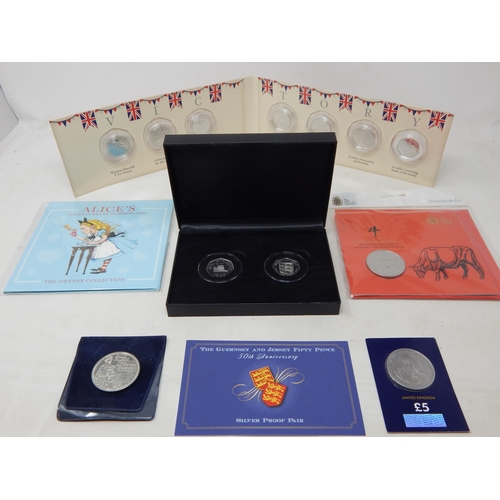 62 - Guernsey and Jersey Silver Proof Fifty Pence pair 2019; VE Day Victory 50p Coin Collection in folder... 