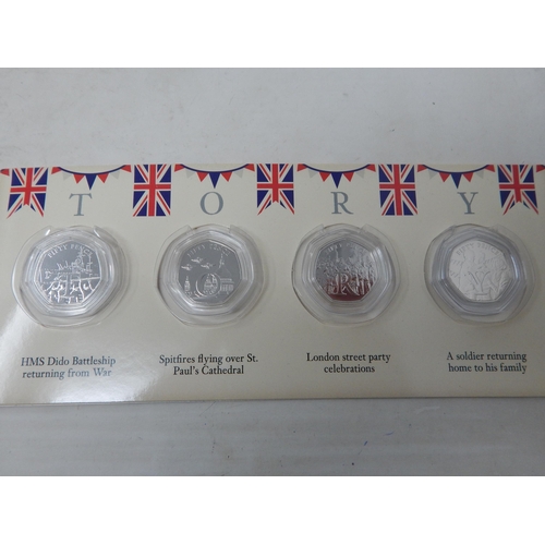 62 - Guernsey and Jersey Silver Proof Fifty Pence pair 2019; VE Day Victory 50p Coin Collection in folder... 