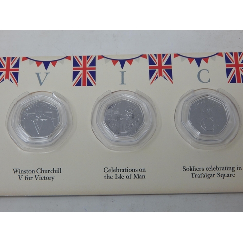 62 - Guernsey and Jersey Silver Proof Fifty Pence pair 2019; VE Day Victory 50p Coin Collection in folder... 