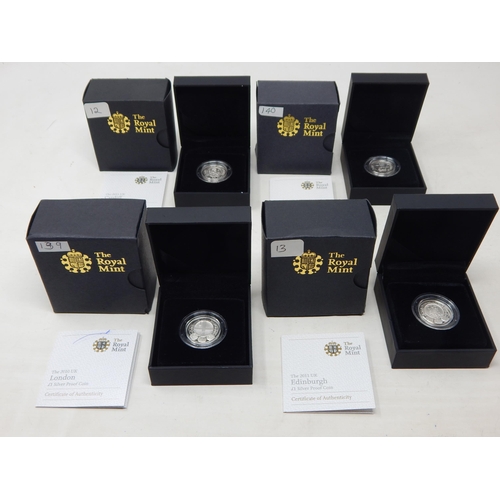Collection of 4 x Cities (Cardiff, London, Edinburgh, Belfast) Silver Proof Pound coins brilliant, about as struck, and housed in Royal Mint cases of issue with COAs (slight pen mark to London COA)