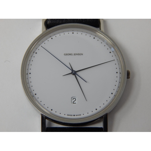 Georg Jensen Gentleman's Wristwatch with Date Aperture & Sweep Seconds Hand on Original Black Leather Strap.