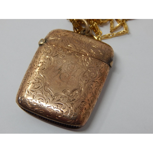 375 - 9ct Yellow Gold Vesta Case with 9ct Yellow Gold Chain: Weight 22g