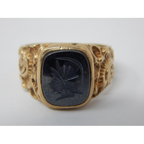 381 - 9ct Yellow Gold Ring Set with an Intaglio Depicting a Roman Warriors Head: Ring Size L. Gross weight... 