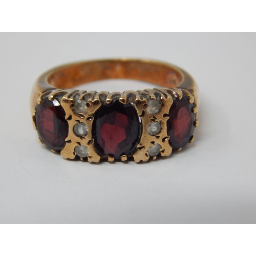 393 - 9ct Yellow Gold Garnet & Diamond Set Ring: Size O