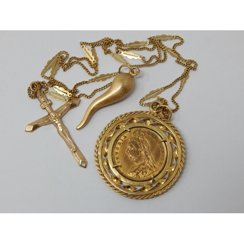 397 - QV Shield Back Half Sovereign 1891 in 18ct Gold Mount on 18ct Gold Chain with 18ct Gold Charms. Gros... 