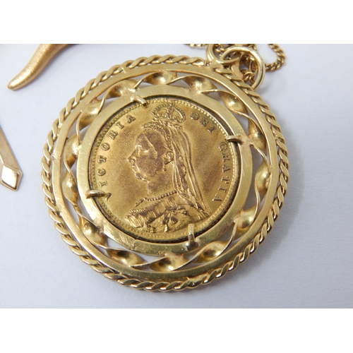 397 - QV Shield Back Half Sovereign 1891 in 18ct Gold Mount on 18ct Gold Chain with 18ct Gold Charms. Gros... 