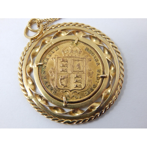 397 - QV Shield Back Half Sovereign 1891 in 18ct Gold Mount on 18ct Gold Chain with 18ct Gold Charms. Gros... 