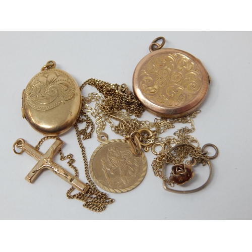 407 - 9ct Yellow Gold Oddments Including Lockets, Pendants & Broken Chains: Gross weight 11.2g