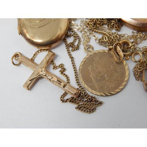 407 - 9ct Yellow Gold Oddments Including Lockets, Pendants & Broken Chains: Gross weight 11.2g