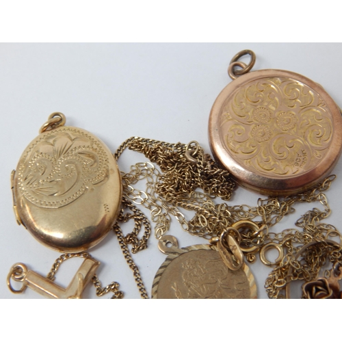 407 - 9ct Yellow Gold Oddments Including Lockets, Pendants & Broken Chains: Gross weight 11.2g