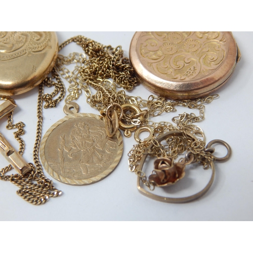 407 - 9ct Yellow Gold Oddments Including Lockets, Pendants & Broken Chains: Gross weight 11.2g