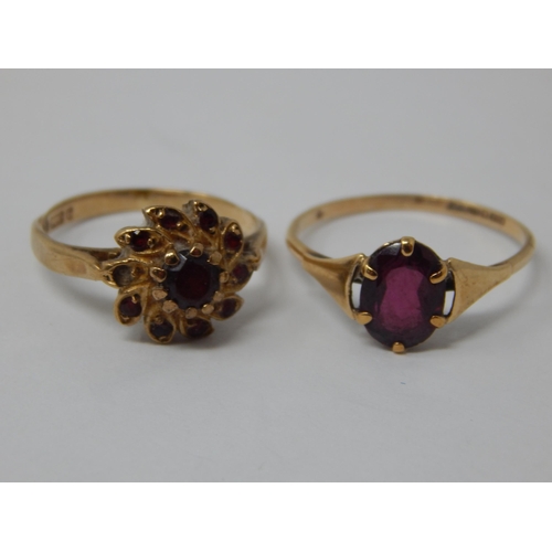 421 - 2 x 9ct Yellow Gold Garnet Set Rings: Gross weight 3.1g