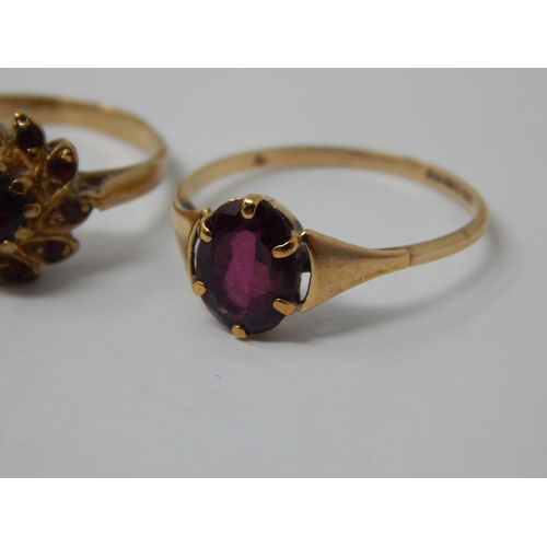 421 - 2 x 9ct Yellow Gold Garnet Set Rings: Gross weight 3.1g