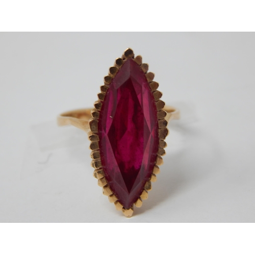 422 - 18ct Yellow Gold Ring Set with a Marquise Shaped Ruby Estimated @ 4.00cts: Gross weight 6.3g: Size O