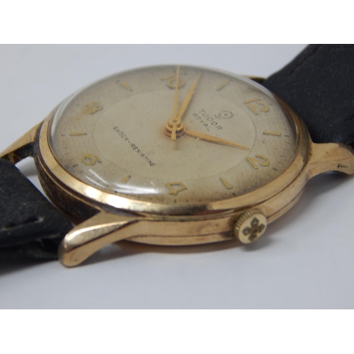 424 - Gentleman's 9ct Gold TUDOR ROYAL Wristwatch with Sweep Seconds Hand on Leather Strap: Working When C... 